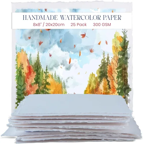 Wanderings Papel de acuarela hecho a mano grueso con borde envejecido - 8x8-300GSM - Papel texturizado de prensado en frío blanco premium para