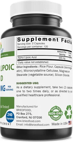 Miniatura 2 de Brieofood Ácido alfa lipoico 600 mg por porción - 240 cápsulas - Sin OMG, sin gluten