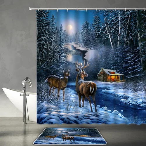 Miniatura 13 de Cortina de ducha de ciervos de Navidad, bosque nevado, ciervos, granja, renos, naturaleza, nevado, paisaje, tela, juego de cortinas de baño