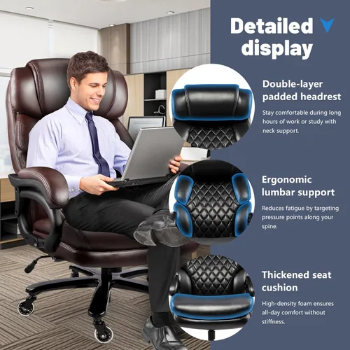 Miniatura 7 de Silla de oficina grande y alta de 800 libras para personas pesadas, silla ejecutiva resistente con respaldo alto, asiento extra ancho y lumbar Marrón
