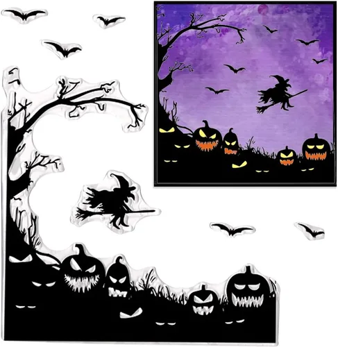 Miniatura 6 de Threetols Marco de Halloween sellos transparentes para hacer tarjetas, palabras de bruja fantasma, sello de goma transparente, para árbol, calabaza