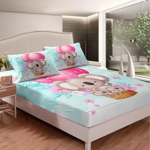 Miniatura 2 de Manfei Koala - Juego de sábanas bajeras de tamaño individual, 2 piezas con globo aerostático rosa, para decoración de habitación de niños y niñas