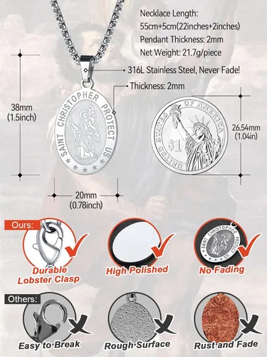 Miniatura 6 de FaithHeart Collar con colgante de San Cristóbal para hombres y mujeres, de acero inoxidable, amuleto católico, joyería personalizada con embalaje