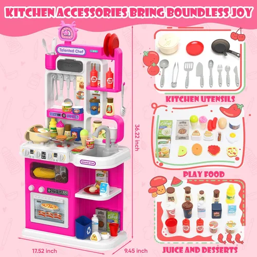 Miniatura 9 de Juego de cocina para niños, cocina de juego de 36.22 pulgadas para niños pequeños de 1 a 3 años con vapor, sonido y luz, estufa de cocina