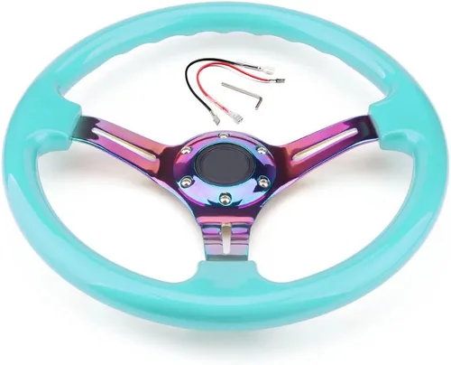 Miniatura 15 de Volante de Carreras de Coche de 6 Pernos Marco de Radios Neo Cromado Arcoíris Volante Universal de Posventa Compatible con Coche y Juego
