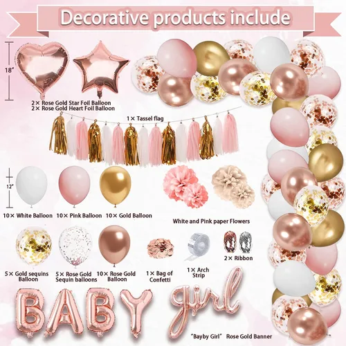 Miniatura 4 de Guudmua 303 piezas de decoración de baby shower para niña, kit de decoración de baby shower para niña, juego de vajilla desechable con flores de oro