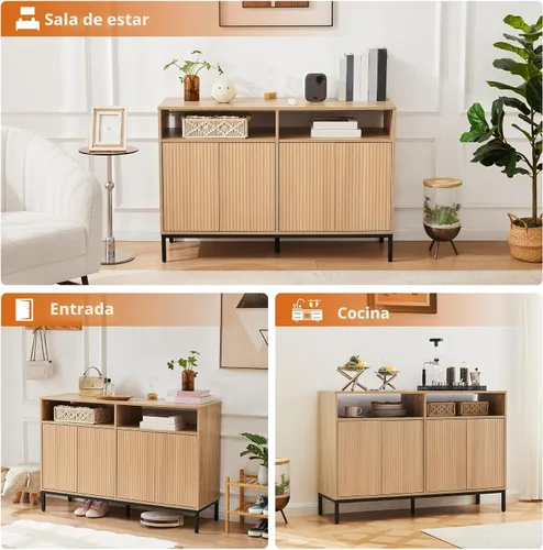 Miniatura 3 de Mericonia Aparador Buffet de Granja con Almacenamiento, Barra de Café Acanalada con Puertas y Estantes Ajustables, Gabinete de Consola de Madera A