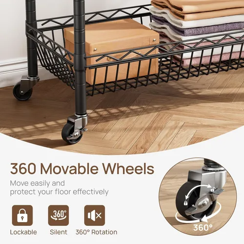 Miniatura 7 de Golpart Perchero de Ropa Resistente con Ruedas, Perchero Rodante para Prendas, Estanterías de Alambre Ajustables para Colgar Ropa con Colgador