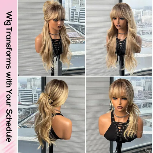 Miniatura 2 de topshe Peluca ondulada de color rubio ceniza con flequillo, cabello sintético resistente al calor para mujeres, capas de mariposa preestilizadas