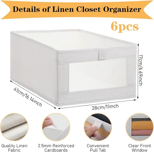 Miniatura 2 de Paquete de 6 organizadores plegables de lino para armario, contenedores de almacenamiento transparentes para ropa, toallas, libros, estantes, beige
