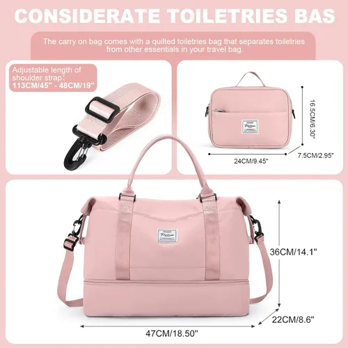 Miniatura 3 de Bolsas de fin de semana para mujer, bolsas de viaje con compartimento para zapatos, Rosado, Bolsa de viaje+neceser