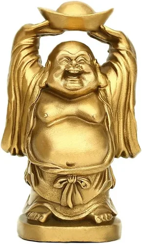 BRASSTAR Adorno de latón Feng Shui Estatua de Buda riendo sosteniendo lingote bolsa de dinero para oficina en casa Figura decorativa Atrae riqueza