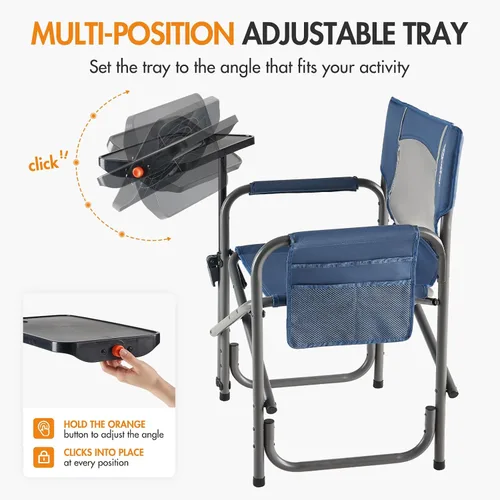 Miniatura 5 de Portal Silla de director plegable con mesa auxiliar giratoria de 2 vías, silla de campamento resistente de 300 libras con bandeja giratoria