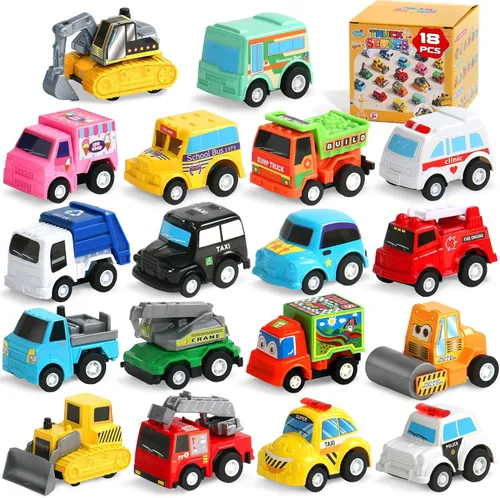 Fajiabao 18 autos de juguete para niños pequeños, mini autos de tracción hacia atrás, camiones, rellenos de piñata para niños, recuerdos de fiesta