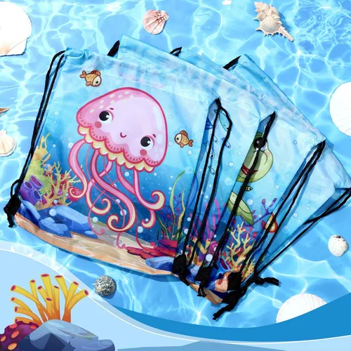 Miniatura 5 de Frienda 24 bolsas con cordón para recuerdos de fiesta oceánica, bolsas de dulces, mochila bajo el mar con criaturas para niños, suministros