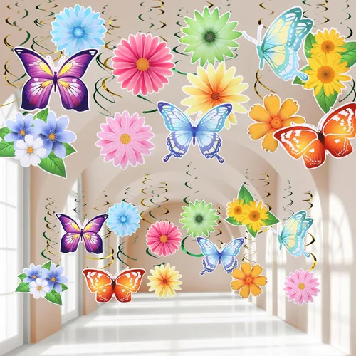 36 piezas de decoración de fiesta de mariposa de primavera y verano para colgar en el techo, serpentina de papel grande flora mariposa decoración