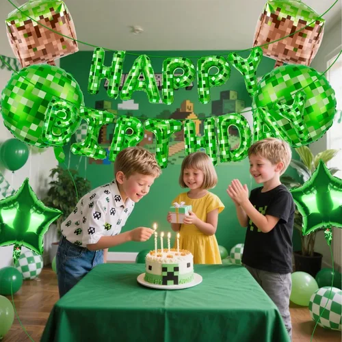 Miniatura 7 de Juego de decoraciones de fiesta de feliz cumpleaños con temática de píxeles verdes, con globos de píxeles, esenciales para fiestas temáticas