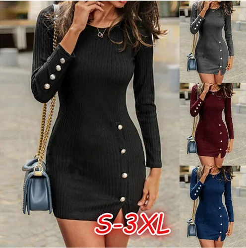 Miniatura 2 de Vestido ajustado de punto acanalado de manga larga para mujer, mini vestido de fiesta