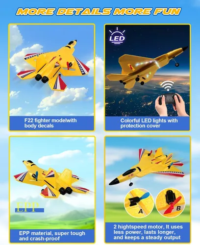 Miniatura 8 de ANTSIR Avión F22 Raptor RC, chorro de control remoto de espuma duradera con giroscopio y luces LED, 2 baterías recargables, 2.4 GHz RC Glider