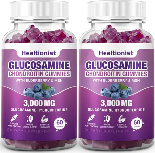 2 paquetes de 3000 mg de gomitas de glucosamina y condroitina con MSM y saúco - suplemento de salud articular de fuerza extra, flexibilidad, apoyo