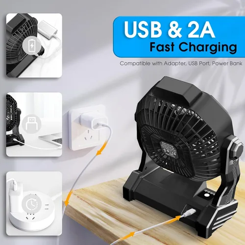 Miniatura 9 de JINLICTE Ventilador de Camping con Linterna LED, 20000 mAh, 9 Pulgadas, Ventilador Portátil Recargable con Batería, con Velocidad Variable y Negro