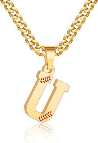 Miniatura 17 de Avotto Collar de béisbol con letra inicial de la A a la Z para niños y hombres, cadena cubana de acero inoxidable resistente que no se decolora