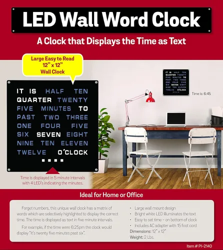 Miniatura 7 de Tech Tools Reloj LED Word - Muestra la hora como texto - Alimentado por adaptador de CA (12 x 12 pulgadas)