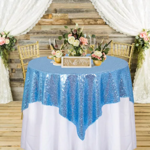 ShinyBeauty Mantel Cuadrado Pequeño de 36 x 36 Pulgadas Mantel de Lentejuelas Azul Bebé Cubierta de Mesa con Purpurina Superposición Cuadrada