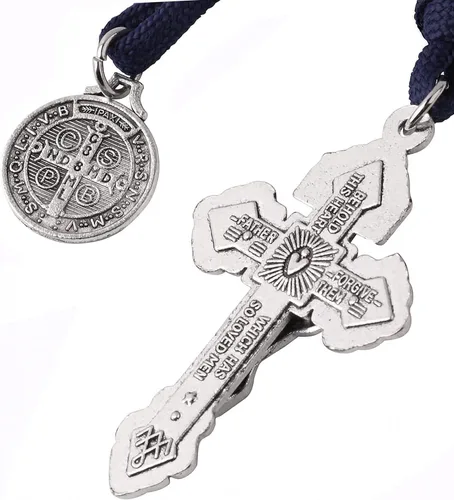 Miniatura 4 de Rosario de bolsillo estilo abierto una década de acero inoxidable rosario católico con crucifijo medalla de San Benito con bolsa de regalo