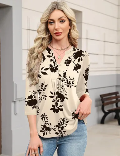 Miniatura 3 de IECCP Blusas de verano de manga 3/4 para mujer, estilo casual, cuello Henley, cuello en V, plisadas, ajuste holgado, blusas de trabajo
