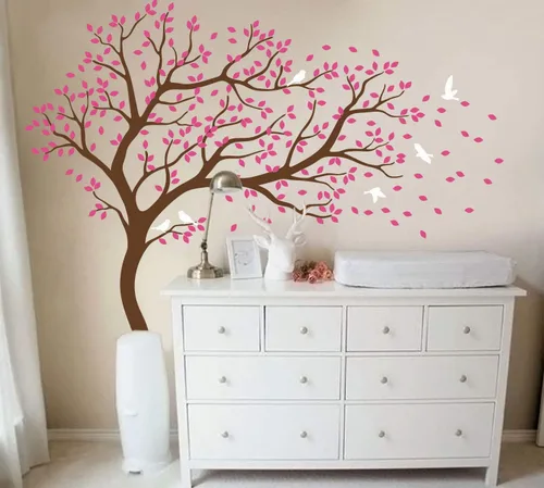 Miniatura 17 de Vinilo decorativo para pared de árbol grande con pájaros y hojas que soplan en el viento, adhesivo mural de bosque