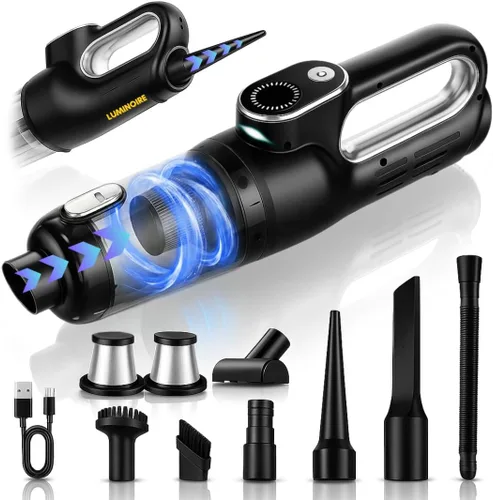 Aspiradora portátil inalámbrica, 4 en 1 con succión de 19500 pa y plumero de aire, carga USB-C, pantalla digital inteligente, aspiradora de mano con