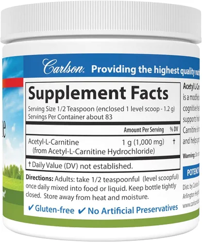 Miniatura 2 de Carlson - Polvo de acetil L-carnitina, aminoácidos de forma libre, salud cognitiva, función cerebral y soporte muscular, 3.53 oz (100 g)