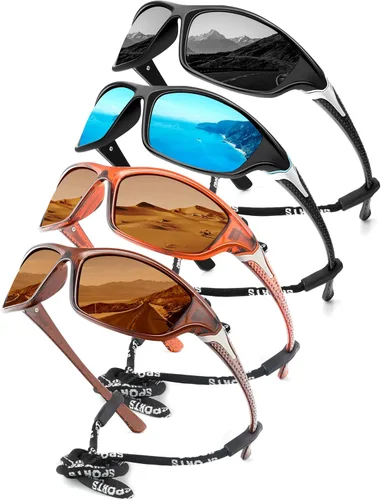Miniatura 20 de KALIYADI 4 Pack Polarized Sunglasses-Men Sports Sun-glasses: Mens Sunglasses UV Protection for Fishing Driving Cycling A02-negro/azul hielo/rojo