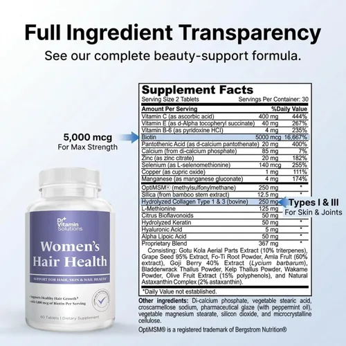 Miniatura 2 de Dr Vitamin Women's Hair Health - Apoyo para el cabello, la piel y las uñas con biotina y colágeno - 60 tabletas