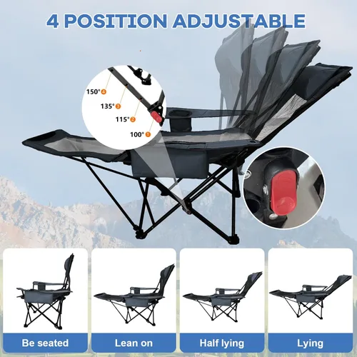 Miniatura 4 de Paquete de 2 sillas reclinables de camping de 4 posiciones con reposapiés, cómoda para adultos, silla de playa plegable de malla de 265 libras