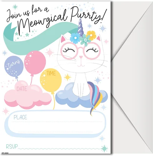 Invitaciones de fiesta de cumpleaños de Caticorn con sobres (paquete de 20) - Invitaciones de fiesta temática de Caticornio para niñas, niños, niños