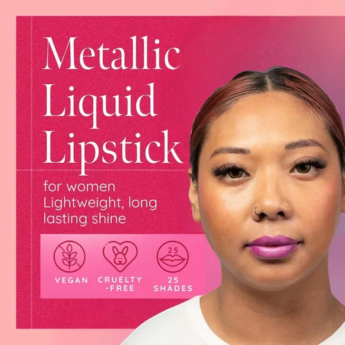 Aromi Lápiz labial líquido metálico | Color de labios castaño rojizo con acabado brillante, vegano, tono desnudo rosa, de larga duración, resistente