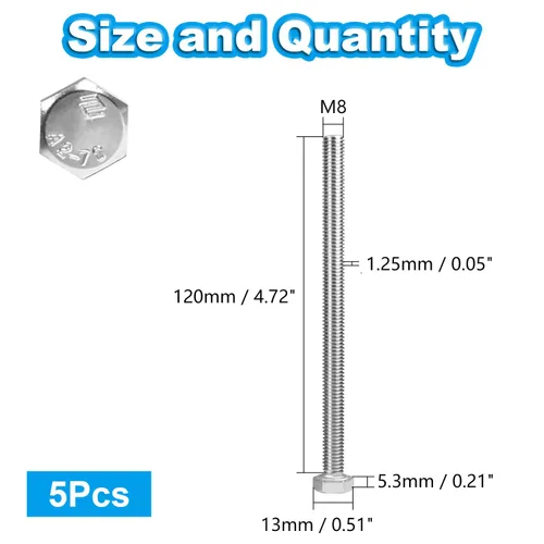 Miniatura 2 de 5 piezas pernos hexagonales M8 M8-1.25 x 120mm pernos de cabeza hexagonal Acero inoxidable 304 M8-1.25mm pernos hexagonales pernos de cabeza