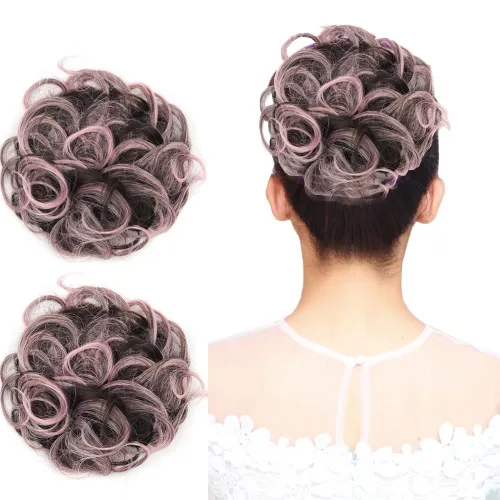 Miniatura 6 de Extensiones de cabello rizado, color marrón y rosa claro, extensiones de moño desordenado, 2 unidades por paquete, extensiones de moño elástico