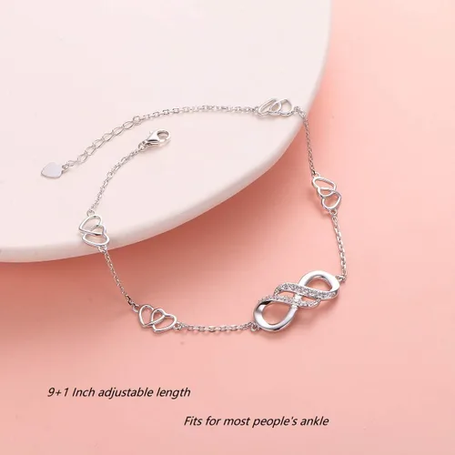 Miniatura 4 de Infinity Anklet 925 Sterling Silver for Women Girls Adjustable Heart Ankle Bracelet Boho Beach Foot Chain 9+1 Inch Charm Jewelry Best Birthday Gifts