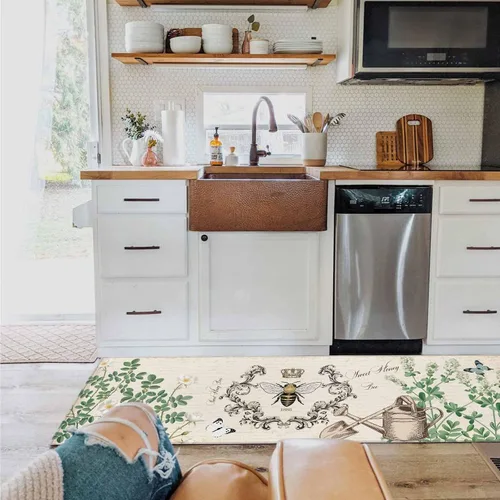 Miniatura 3 de T&H XHome Juego de 2 alfombras de cocina, diseño vintage de abejas de miel, girasol, antideslizantes, parte trasera de goma, tapetes acolchados