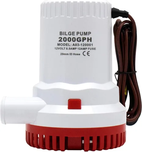 Bomba de sentina no automática de 12 V, 2000 GPH, bomba de agua sumergible para barco marino con motor refrigerado por agua, fusible de 12 A, salida