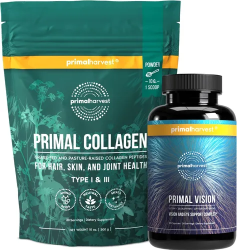 Primal Harvest Suplementos de colágeno en polvo y visión para mujeres y hombres Complejo de apoyo ocular y visión con luteína, paquete de zeaxantina