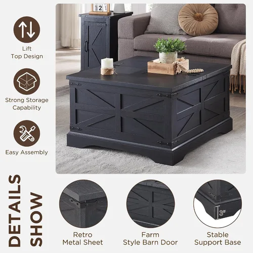 Miniatura 5 de JXQTLINGMU Farmhouse - Mesa auxiliar elevable con gran almacenamiento, mesa cuadrada de madera de 36 pulgadas con compartimento oculto, mesa
