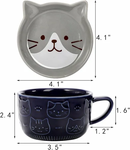 Miniatura 2 de Cididu Juego de 2 Lindas Tazas de Cerámica con Gato con Tapa, Tazas de Café de Leche de 10 OZ con Posavasos, Linda Taza de Té Kawaii para Desayuno