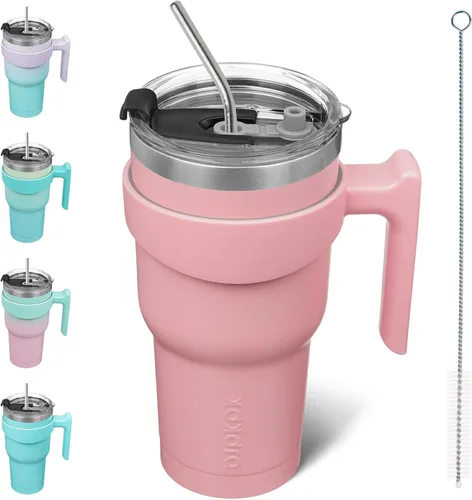 Miniatura 35 de BJPKPK Vaso con asa de acero inoxidable de 20 onzas, con aislamiento de doble pared, con tapa y pajita, color rosa claro A-rosa claro