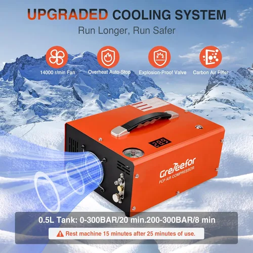 Miniatura 6 de Compresor de aire PCP 4500PSI/30MPA, bomba de llenado rápido sin aceite de 350W con apagado automático, alimentación dual 12V DC y 110V/220V AC