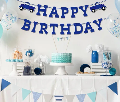 Miniatura 3 de Decoraciones de cumpleaños de camión azul pre-encordado azul feliz cumpleaños banner pequeño camión fiesta suministros favores