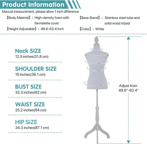 Miniatura 3 de Forma del vestido de cuerpo de torso de maniquí femenino, altura ajustable de 49.6 a 63.4 pulgadas con trípode de madera para exhibición de Blanco